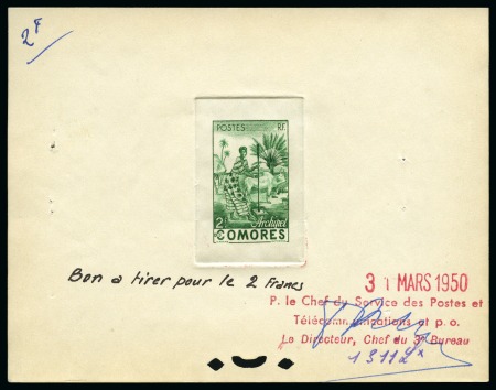 Stamp of Colonies françaises » Comores 1950 Première Emission epreuves "Bon a tirer", ensemble complet de onze valeurs et timbre taxe, TB et trés rare (13)