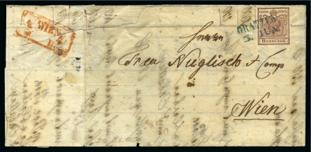 Stamp of Austria » 1850 Issue AUSTRIA EARLY DATES - JUNE 1850 USAGE ON COVER - 6Kr cover with BLUE Gratzen in Bohemia