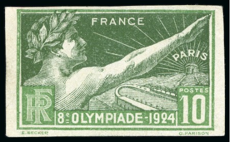 Stamp of Olympics » 1924 Paris » Issued Stamps and Varieties 1924 Paris 10c imperforate stamp-size proof in issued colours on glossy paper