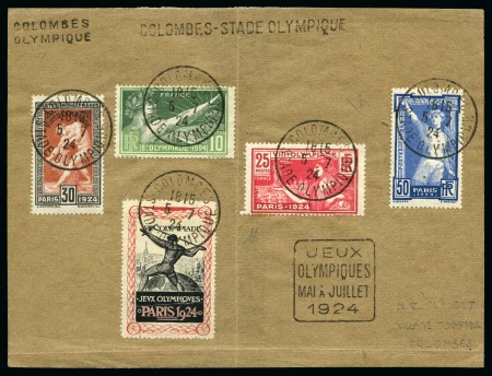 Stamp of Olympics » 1924 Paris » Covers and Cancellations 1924 Paris Olympics set plus a poster vignette all tied to a front by "COLOMBES / STADE OLYMPIQUE"