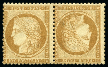 Stamp of France 10c Siège en paire TETE-BECHE renforcée au milieu et gomme fausse, très belle présentation