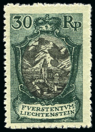 Stamp of Liechtenstein Liechtenstein 1921 Landscapes & buildings, 30Rp. 2 types and perfs, 1Fr 2 diff perf.types
