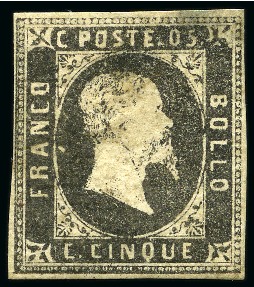 Stamp of Italian States » Sardinia ITALY SARDINIA 1851 5C black, large remainder gum w. traces of postmark