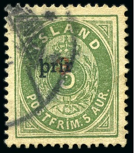 Stamp of Iceland ICELAND 1897 3prir surcharge on 5a perf. 14 : 13 1/2
