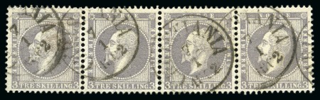 Stamp of Norway NORWAY 1856-1857 3Sk grey in horizontal strip of 4, used