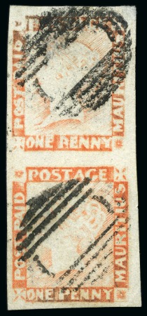 Stamp of Mauritius 1848-59 Post Paid 1d latest impression vertical pair pos.9/12