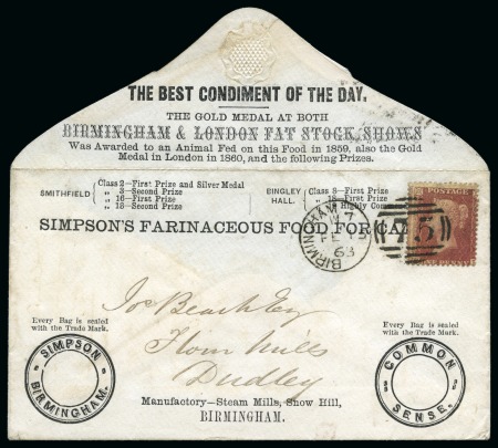 Stamp of Great Britain » 1854-70 Perforated Line Engraved 1863 (Feb 15) Simpson's Farinaceous Food for Cattle advertising cover with 1d red