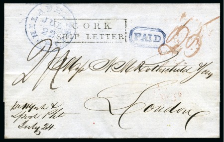 Stamp of Ireland » Pre-Stamp Postal History 1837 Wrapper from the USA to London via Ireland with crisp "CORK / SHIP LETTER" boxed hs