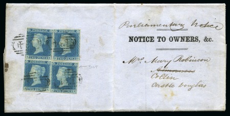 Stamp of Great Britain » 1841 2d Blue 1848-65, Group of three covers incl. Parliamentary Notice with four 1841 2d blues
