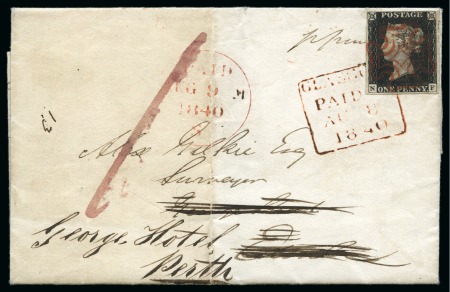 Stamp of Great Britain » 1840 1d Black and 1d Red plates 1a to 11 1840 Entire sent from Glasgow to Edinburgh redirected with penny black to Perth