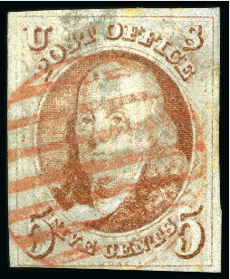 Stamp of United States » 1847 Issue 1847 5c Red brown, red circular grid, clear to large margins,