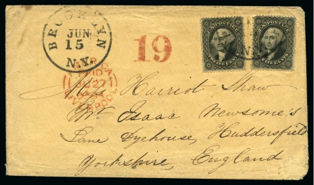 Stamp of United States » 1857-61 Issue 12c Black, two singles tied by BROOKLYN JUN 15 cds