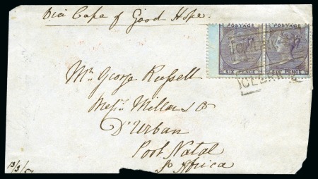 Stamp of Great Britain » 1855-1900 Surface Printed 1857 Front to NATAL with 1856 6d lilac wing marginal pair on azure paper