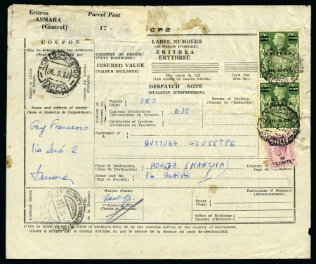 Stamp of British Occupation of Italian Colonies » Eritrea 1952 Despatch Note (Bulletin D'Expedition) for a parcel from Asmara