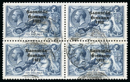 Stamp of Ireland » 1925 Narrow Date Overprints (T66-T68) 1925 Narrow Date 10s showing the rare Runnals re-entry, plate 2/7 Left, row 6 stamp 1, in used block of four