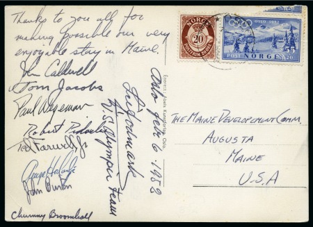 Stamp of Olympics » 1952 Oslo AUTOGRAPHS: 1952 Oslo picture postcard with signatures of the members of the US Nordic combined ski team