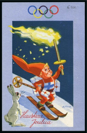 Stamp of Olympics » 1952 Helsinki 1952 Helsinki official postcard depicting a boy skiing and holding the Olympic torch