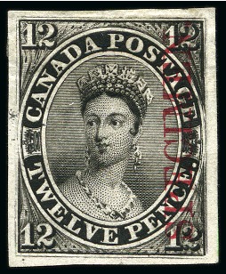 Stamp of Canada 1851 12d Black imperf. plate proof with SPECIMEN ovpt