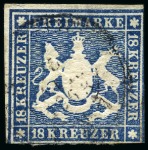 Stamp of German States » Wurttemberg 1851-83, Used collection on 2 printed album pages incl. the first six issues to 18kr and 1873 70kr