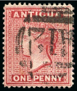 Stamp of St. Kitts-Nevis » St. Christopher 1884-87 Antigua 1d Carmine-Red perf.14 with clear "A12" of St. Christopher