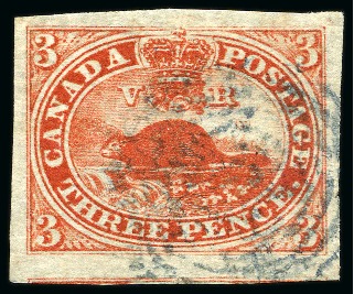 Stamp of Canada 1852 3d Red on thin handmade wove paper, large to huge margins, used