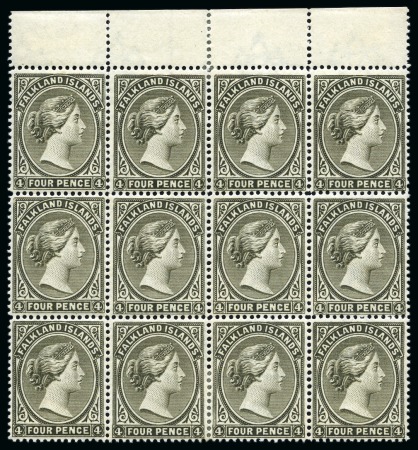 Stamp of Falkland Islands 1882 4d Grey-black, Wmk Crown CA, marginal block of 12