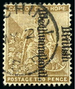 Stamp of Bechuanaland » British Bechuanaland 1893-95 2d Bistre (reading downwards) with double overprint used in Mochudi