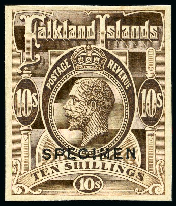 Stamp of Falkland Islands 1912-20 10s on cardboard in unissued brown colour,