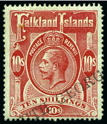 Stamp of Falkland Islands 1912-20 10s Deep red-rose cancelled by straightline