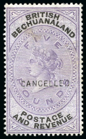Stamp of Bechuanaland » British Bechuanaland 1888 (Jan) Unappropriated Dies 1d, 6d, 1s, 2s, 2s6d, 5s, £1 and £5 with "CANCELLED" overprint