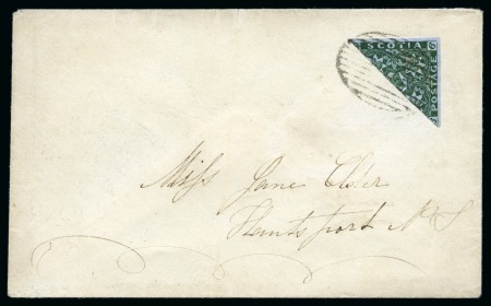 Stamp of Canada » Nova Scotia 1851-60 6d Deep green BISECTED DIAGOANALLY tied by