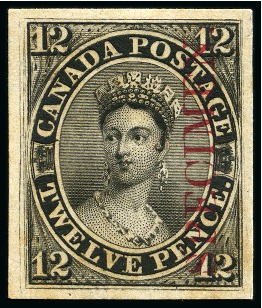 Stamp of Canada 1851 12d Black, proof on card with SPECIMEN overprint,