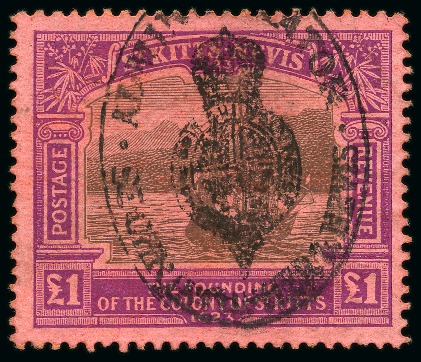 Stamp of St. Kitts-Nevis » St. Kitts-Nevis Crown Colony & Later 1923 Tercentenary £1 black & purple on red with fiscal cancel