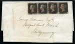 Stamp of Ireland » GB Used In Ireland 1840 Entire from Ballycastle to Ballymoney with 1840 1d black pl.1b strip of four 