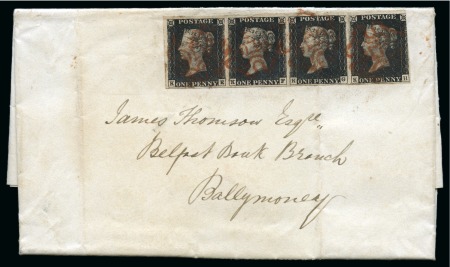 Stamp of Ireland » GB Used In Ireland 1840 Entire from Ballycastle to Ballymoney with 1840 1d black pl.1b strip of four 