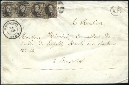 Stamp of Belgium » Belgique. 1851 Médaillons (filigrane sans cadre) - Émission 10c Brun, bande de trois et un isolé, 2 marges tou