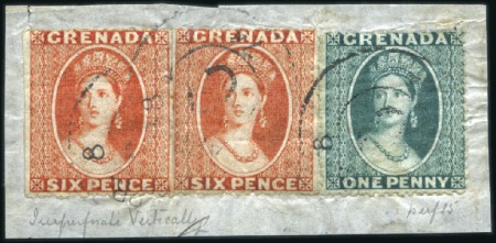 Stamp of Grenada 1861 6d Rose imperf. vertically, two on piece with