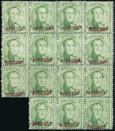 Stamp of Belgium » Belgique. 1863 Médaillons dentelés 14 1/2 1c Vert-jaune, bloc de 15 avec surcharge SPECIMEN,