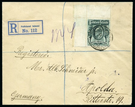 Stamp of Falkland Islands 1904-12 3s Green, corner marginal, tied by FALKLAND