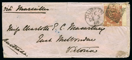 Stamp of Ireland » GB Used In Ireland 1868 (Dec 3) Envelope from Dublin to Australia with 1867-80 10d wmk spray