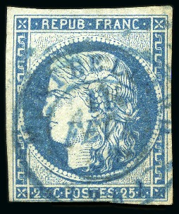 Stamp of France 1849 25c bleu avec exceptionnel càd BLEU Montbeliard