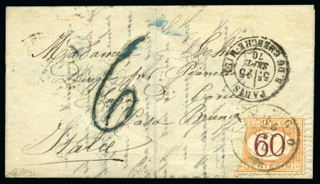 Stamp of France » Guerre de 1870-1871 Rarissime taxe italienne bleue et timbre-taxe 60c d'Italie