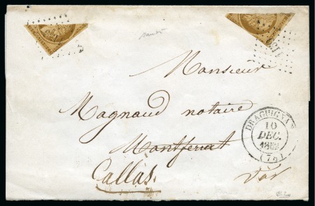 Stamp of France Exceptionnelle fraude postale :  Deux moitiés du 10c de la première émission sur un faire-part de mariage pour l'affranchir à 10c de Draguignan 10.12.1852 pour Montferrat, Var. Fraude d'un postier 
