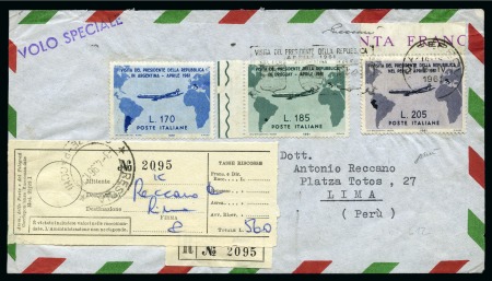 Stamp of Italy 1961 205L Gronchi rosa with corrected stamp applied on top, together with 185L + 170L on reg'd airmail cover to Peru, very fine, scarce, cert. Vacari