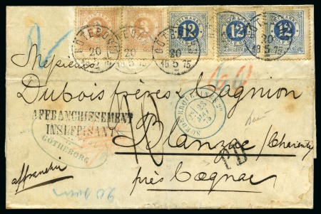 Stamp of Sweden 1875 Cover to France with 12ö blue (x3) +3ö brown-orange tied by Göteborg 20.05.1875 cds, "AFFRANCHISSEMENT INSUFFISANT" pmk, rated "10", black "PD", transit and arrival 