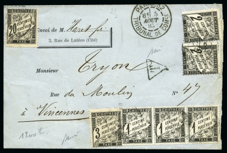 Stamp of France » Timbres-Taxe 1885 Lettre de Paris (càd 5 aout 85 Tribunal de COMce) pour Vincennes avec 20c +3c +2c (x2) +1c (x3) pour faire 30c, càd Vincennes 06.08 au dos, TB, rare, signé Baudot