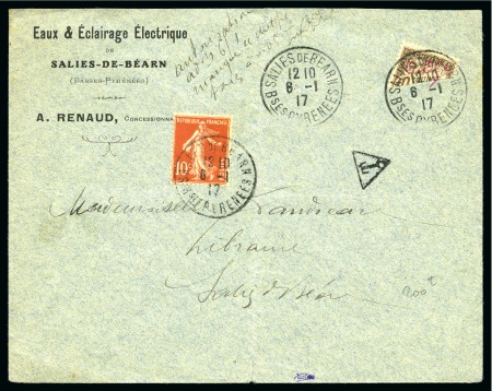 Stamp of France 1917 Moitié de 10c Timbre-taxe utilisé avec une surcharge manuscrite "0,05 c" obl. Sales de Béarn 06.01.17 sur lettre locale avec 10c Semeuse et cachet T, mention "autorisation ad 6/1 manque de chiffre taxe à 0,05c",