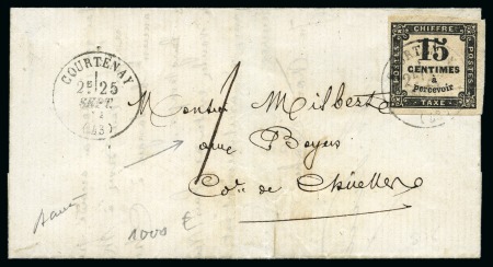 Stamp of France » Timbres-Taxe 1871 Lettre de Courtenay avec 15c taxe carré obl. càd Courtenay 25 septembre 1871 avec taxe complémentaire "1" décime, càd perlé Chuelles 25.09 au dos, TB, très rare association, signé Baudot