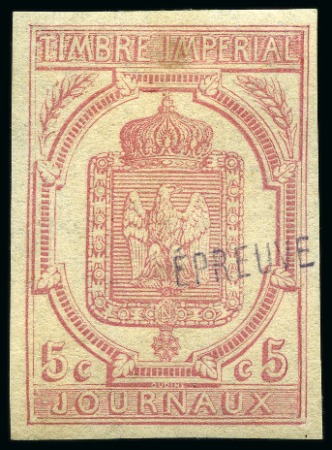 Stamp of France » Journaux 1868 5c rose carminé, non dentelé, surchargé EPREUVE, neuf avec trace de ch., petite tâche en haut sinon TB, très rare, signé Baudot