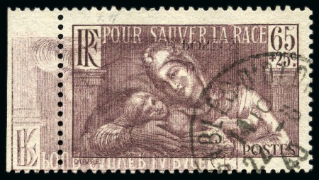 Stamp of France 1937 Pour sauver la race 65c +25c brun-lilas avec double impression dont une renversé, obl., TB, très rare (10 connus), signé Baudot
